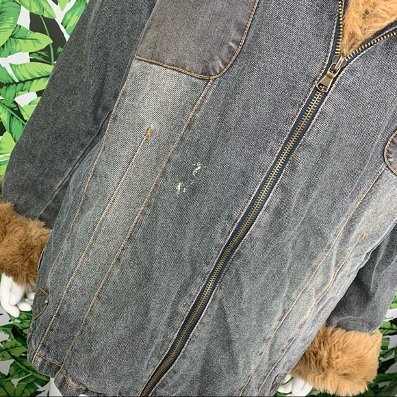 Y2K Faded Glory Coat 2X Denim & Faux Fur Penny Lane 2000s Bratz Style Afghan - Picture 2 of 11